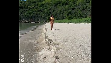 Sexy yellow bikini flashing and public fun